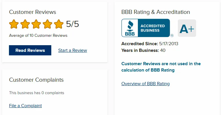 A+ BBB Accredited Business rating and accreditation